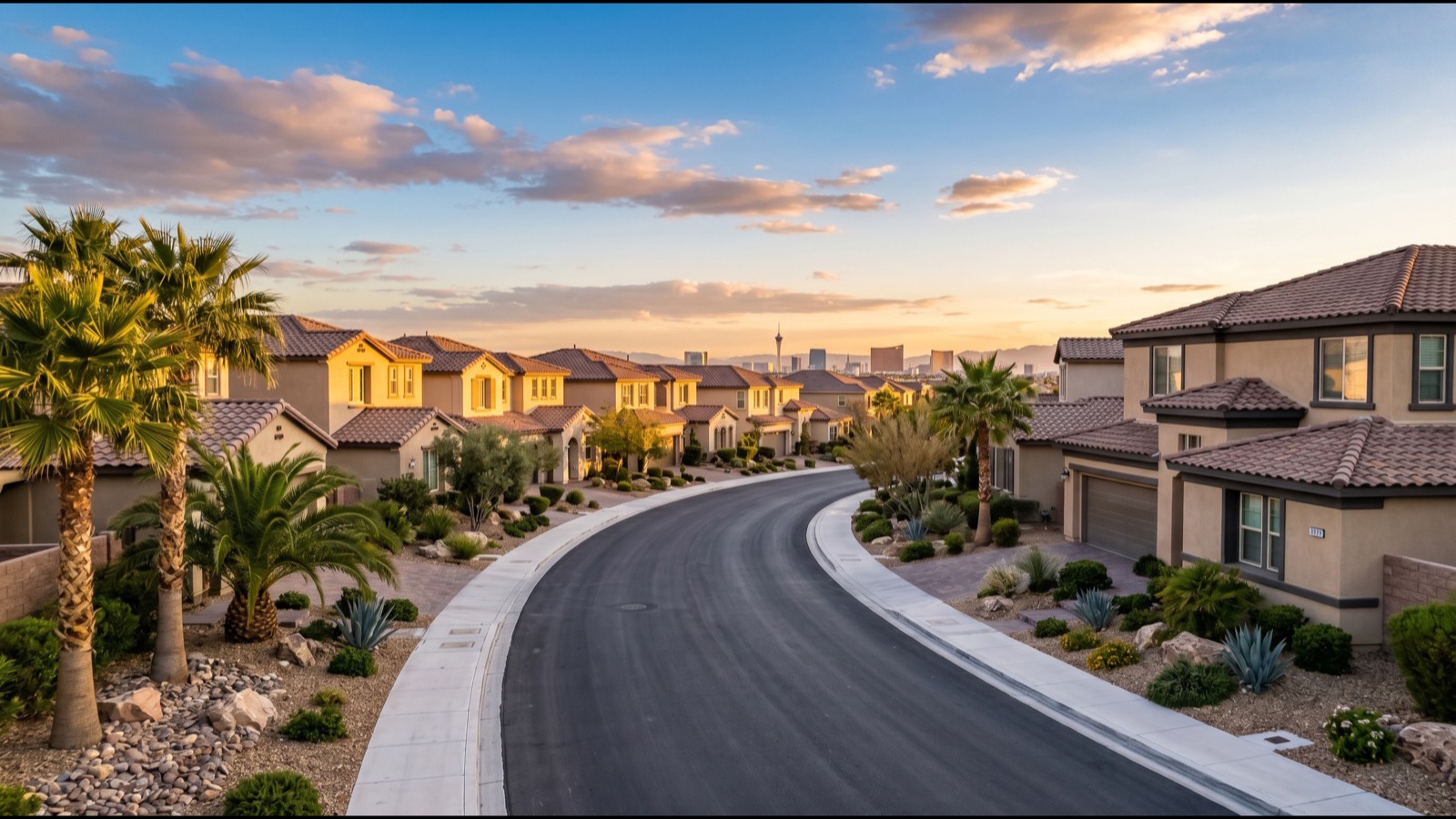 Aliante family streetscape in North Las Vegas with single-family homes and mature landscaping — NREG covers all North Las Vegas ZIP codes 89030-89086
