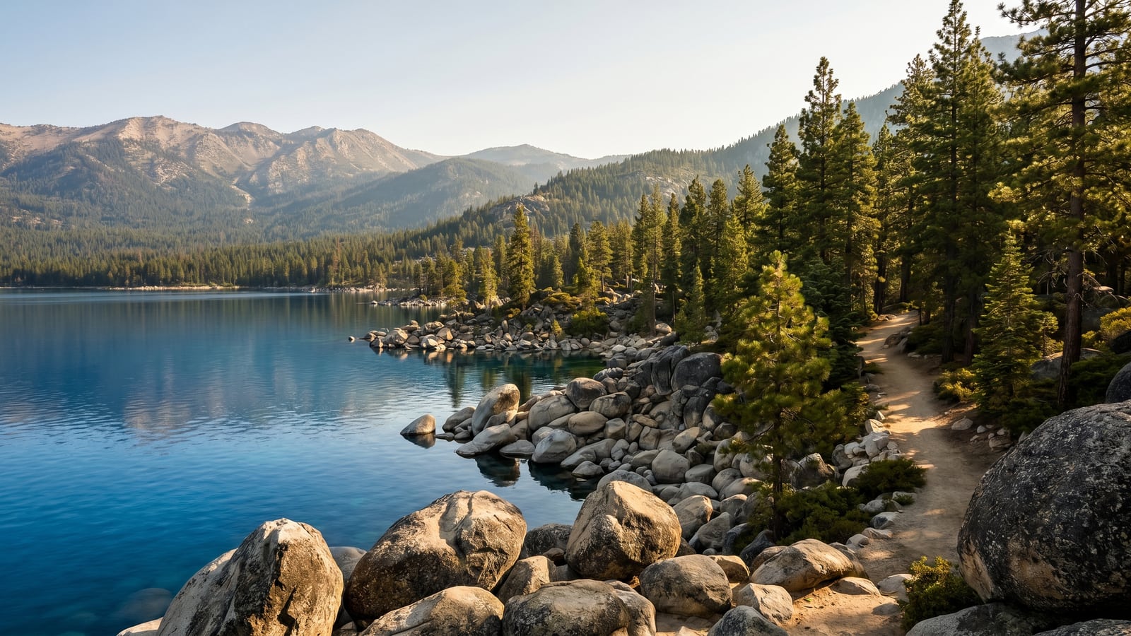 Lake Tahoe's clear alpine-blue water ringed by pine forest