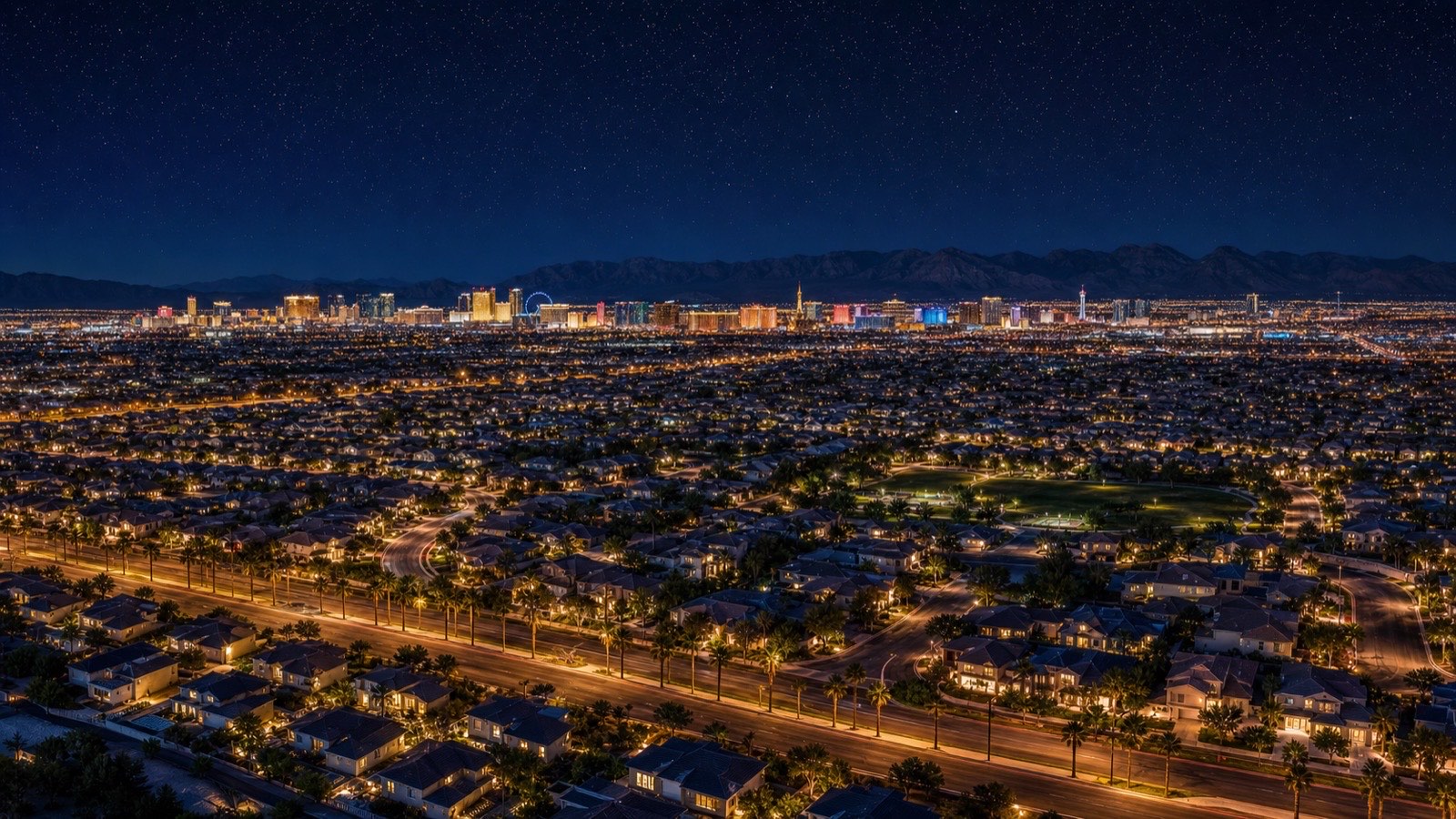 Las Vegas Strip skyline at night, the market dominated by Nevada Real Estate Group online and in production
